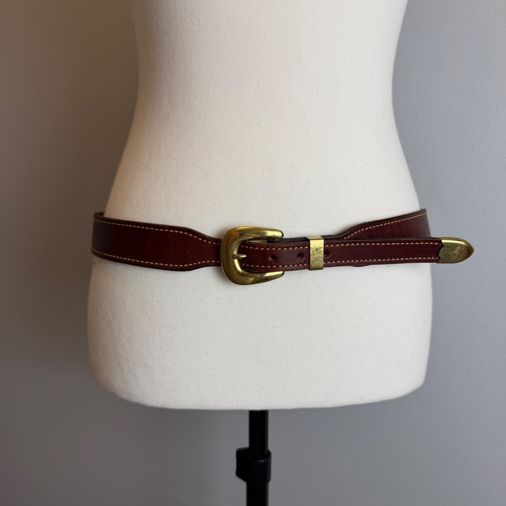 Vintage Western Mahogany Brown Leather Belt Solid Brass Buckle Small Boho